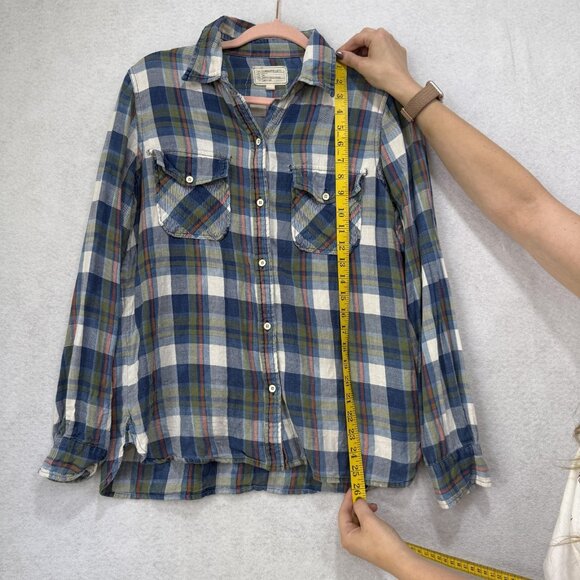 Current/Elliott Shirt Womens Medium Blue Green Plaid Button Down Long Sleeve - Picture 2 of 12